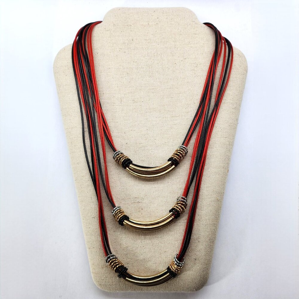 *Rare Find* Multi Strand- & Tiered Red, Black & Gold Tone Statement Necklace